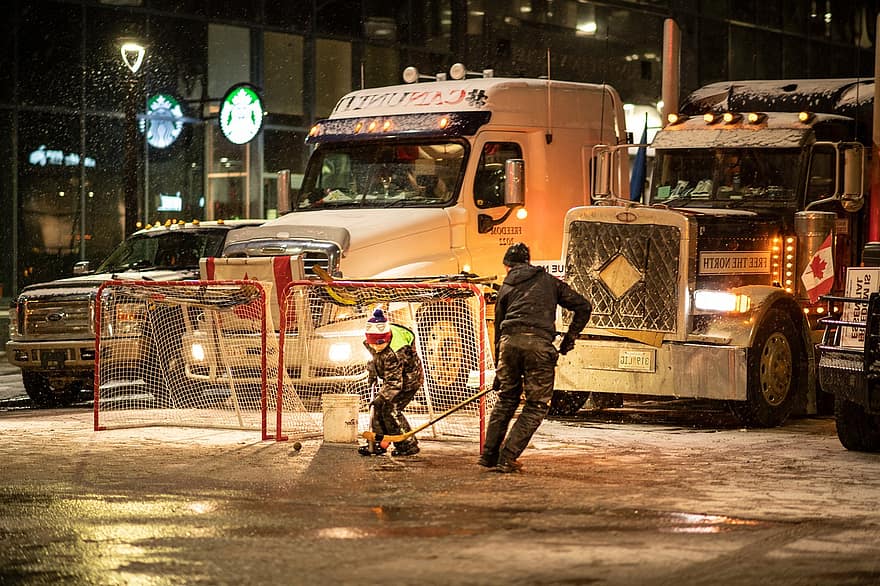 lastbilar, protest, kanada, ottawa, konvoj, dom konvojen, vinter-, brandman, brandbil, bil, rädda