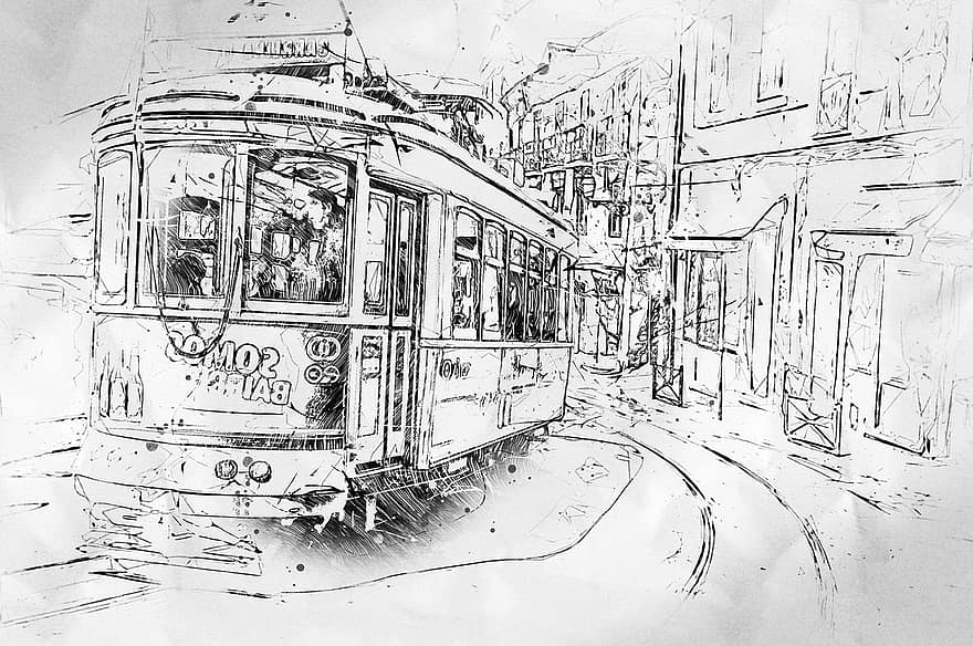 Straßenbahn, Lissabon, Zeichnung, Alfama, Stadt, Portugal, Kreativität, Transport, Seilbahn, Reise, die Architektur