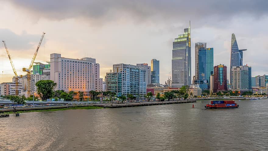 stad, flod, vietnam, solnedgång, stadsbild, landskap, Ho Chi Minh City, flodstrand, byggnader, horisont, skyskrapa