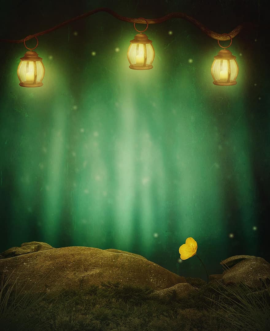 Fantasy, Lanterns, Moss, Fairy Tales, Flower, Texture, Copy Space, Cover, Lighting, Magic, Mystical