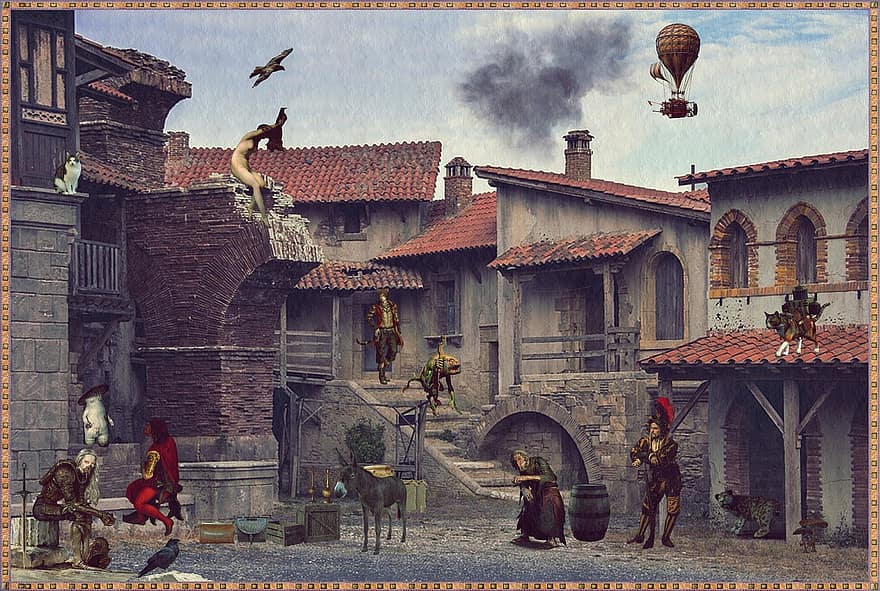 poble, cases, fantasia, heroi, bruixa, globus d'aire calent, gent, burro, gat, mascota