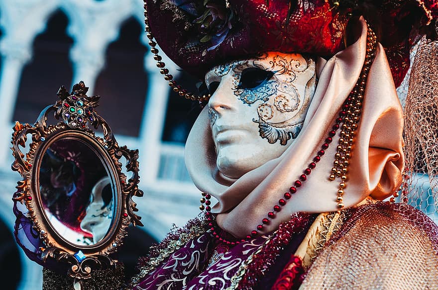 マスク、カーニバル、ヴェネツィア、コスチューム、鏡、人、祭り、ヴェネツィアのカーニバル、歴史的な、伝統、文化