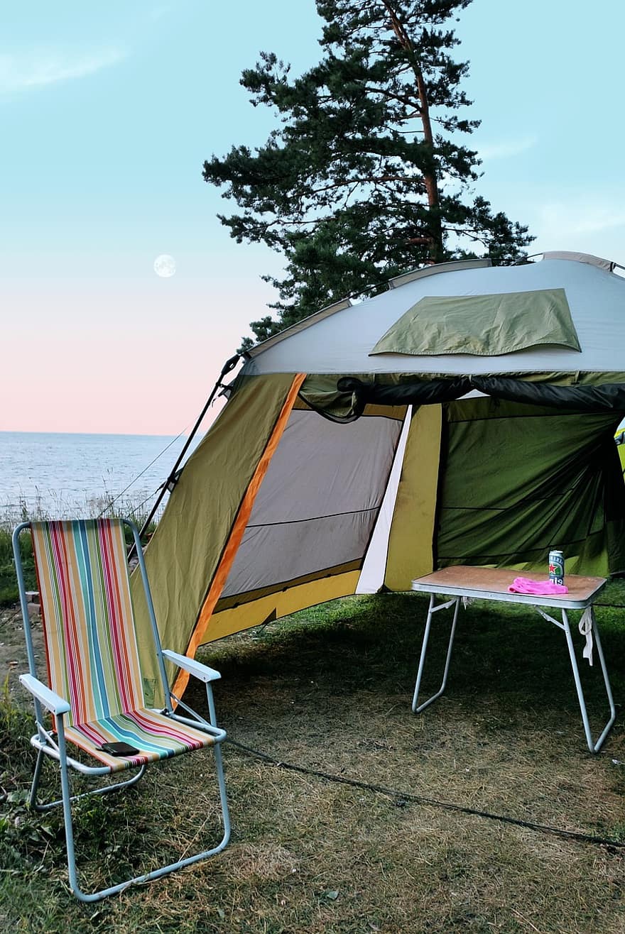 tente, camping, mer, chaise, rivage, bord de mer, été, camp, la nature, Voyage, paysage