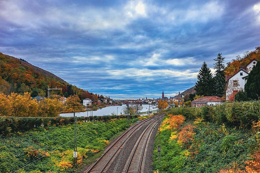 heidelberg, kereta api, kota, sungai, jalan kereta api, rel, jerman, jatuh, musim gugur, indah, langit