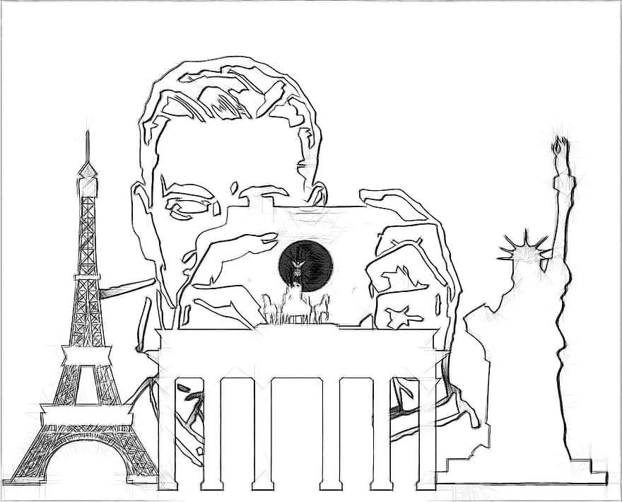 Tourist, Zeichnung, Bleistift, Gliederung, Fotograf, Sehenswürdigkeiten, Freiheitsstatue, Brandenburger Tor, Eiffelturm