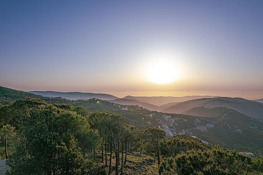 montanhas, arvores, verde, por do sol, Líbano, floresta, cenário, panorama, Visão, aéreo, montanha