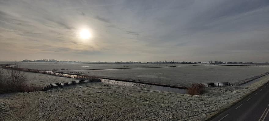 Nederländerna, vinter-, landskap, vatten, solnedgång, gräs, skymning, Sol, blå, arkitektur, moln