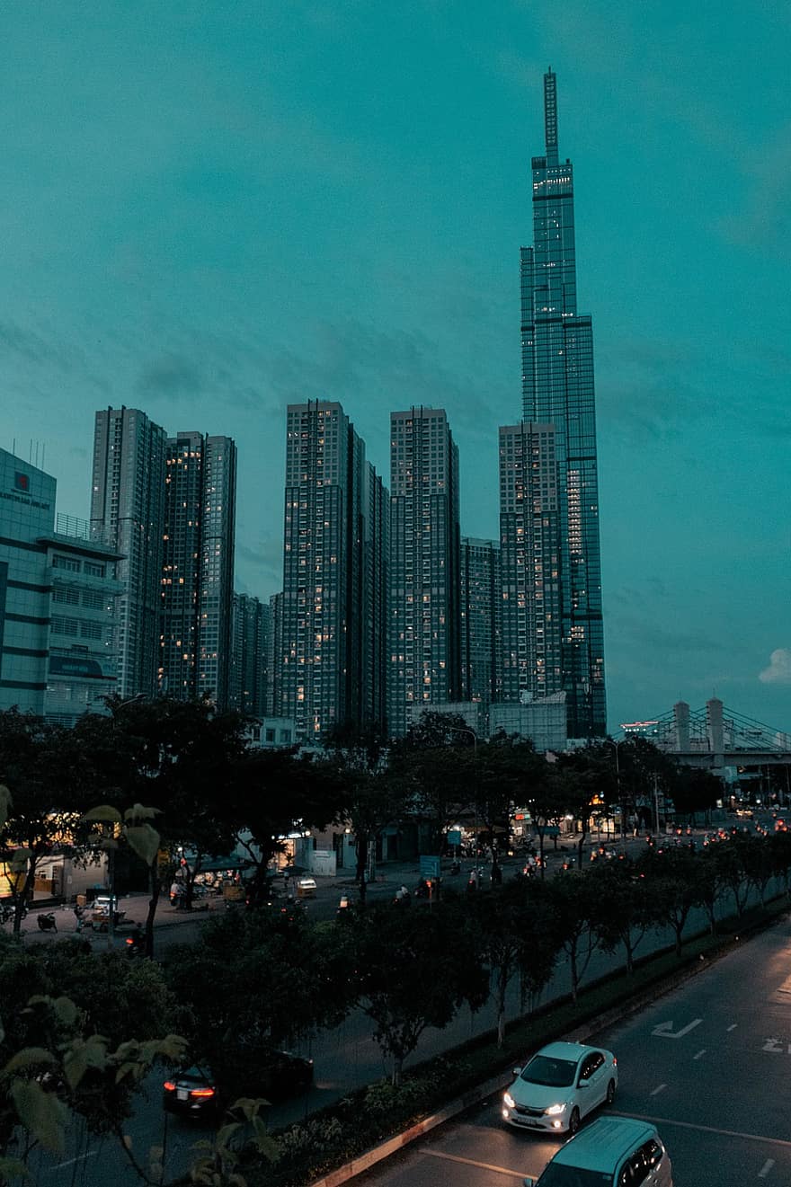 ciudad, edificios, viaje, turismo, urbano, arquitectura, Vietnam, punto de referencia, coches, la carretera, noche