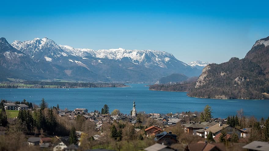 Lake, Town, Mountains, Buildings, Houses, Mountain Range, Snow-capped, Scenery, Scenic, Lake Wolfgang