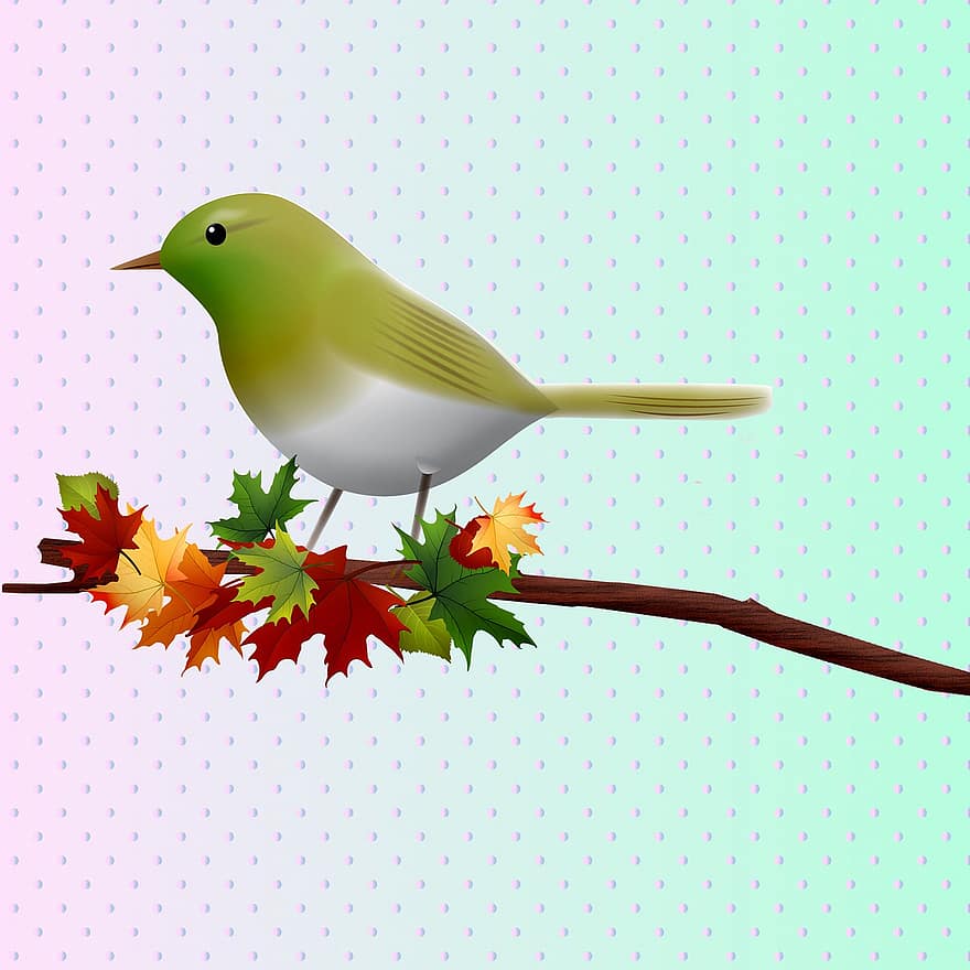 pták, větev, listy, puntíky, vzor, podzim, podzimní listí, digitální papír, Zelený růžový přechod, šablona, papír