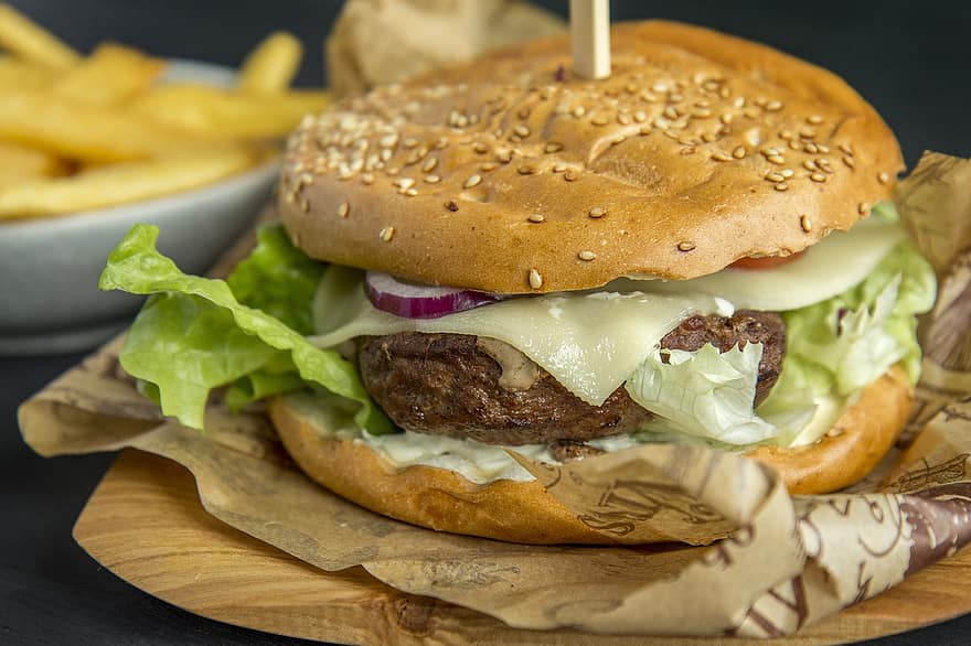 burger, gyors kaja, hamburger, hús, sajtburger, grillezett, marhahús, étkezés, élelmiszer, sult krumpli, ebéd