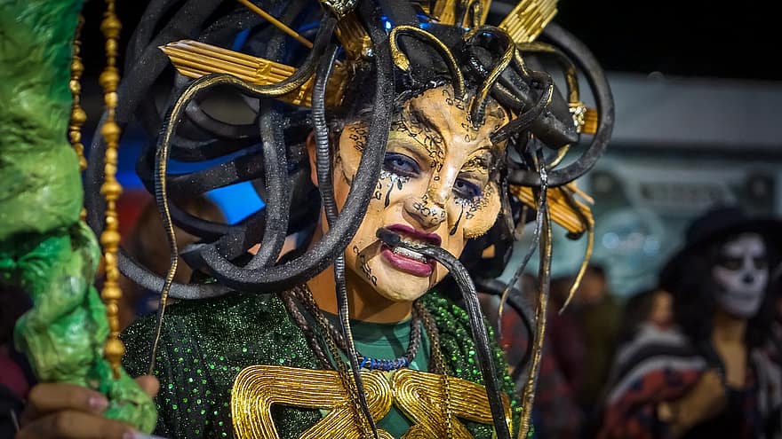 kostuum, masker, feest, november, viering, vrouw, reizend carnaval, culturen, vermomming, traditioneel festival, sociaal evenement
