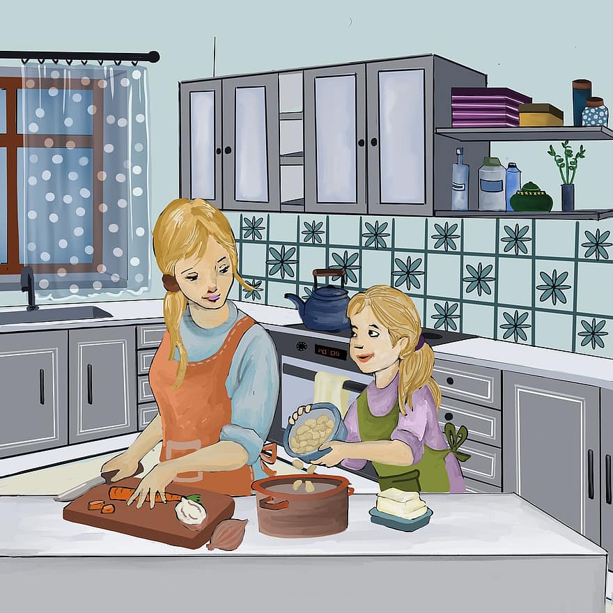 anya, lány, nevelés, konyha, főzés, boldog, család