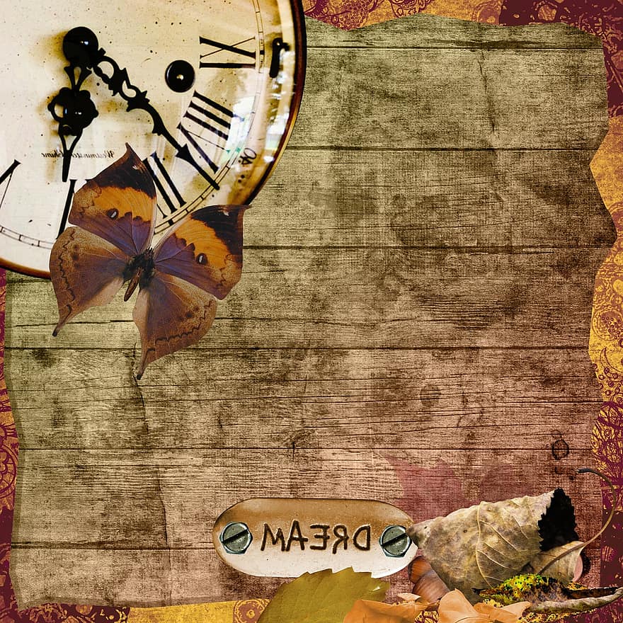Часы, фон, альбом, страница, бабочка, падать, мечты, время года, деревянный, бумага, осень