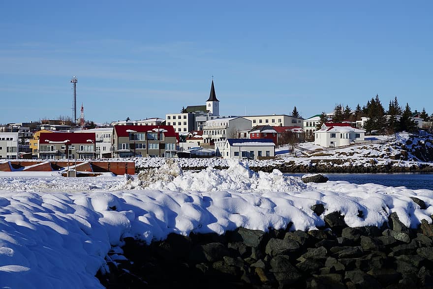 Winter, Town, Iceland, Townscape, Snow, Snowy, Snow Fields, Breakwaters, Wintry, Snowscape, Winterscape
