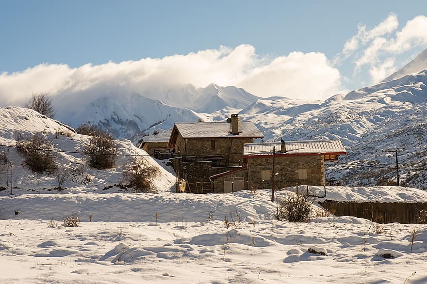 bjerge, sne, hus, kabine, landsby, vinter, kold, landskabet, skyer, Kastoria