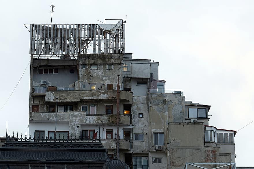 bangunan, tua, terdegradasi, dihuni, urban, kota, Kota Tua, tinggi, lantai, balkon, windows