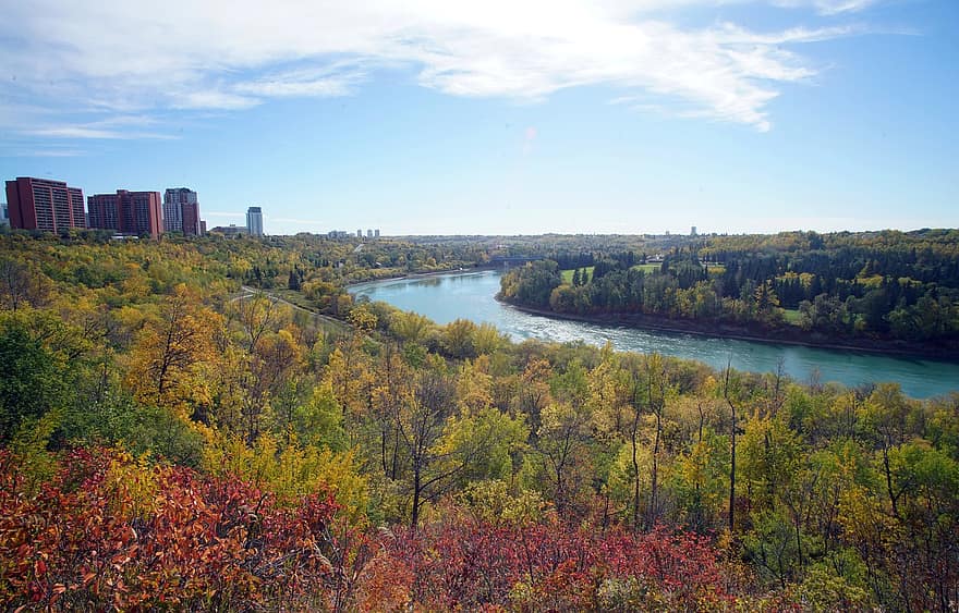 fiume, orizzonte, autunno, Edmonton, Alberta, Canada, città, urbano