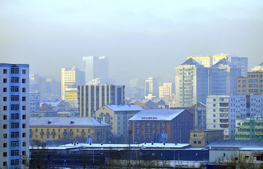 Miasto, Budynki, smog, zanieczyszczenie powietrza, palić, zanieczyszczenie, drapacze chmur, miejski, pejzaż miejski, zimowy, zimno