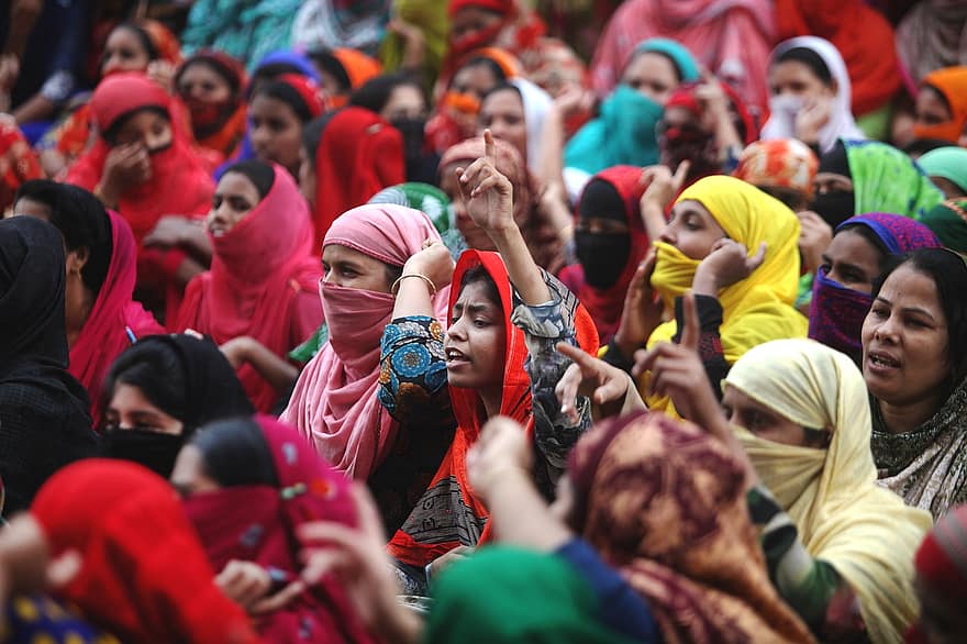 kvinnor, folkmassan, protest, demonstranter, människor, protesterar, Plagg Clash, dhaka, bangladesh, Kvinnliga arbetare