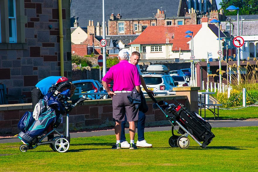 golfiści, North Berwick, golf, spinki do mankietów, gra w golfa, wschód lothian, trójnik, znak, strzec się, zagrożenie, zaryzykować