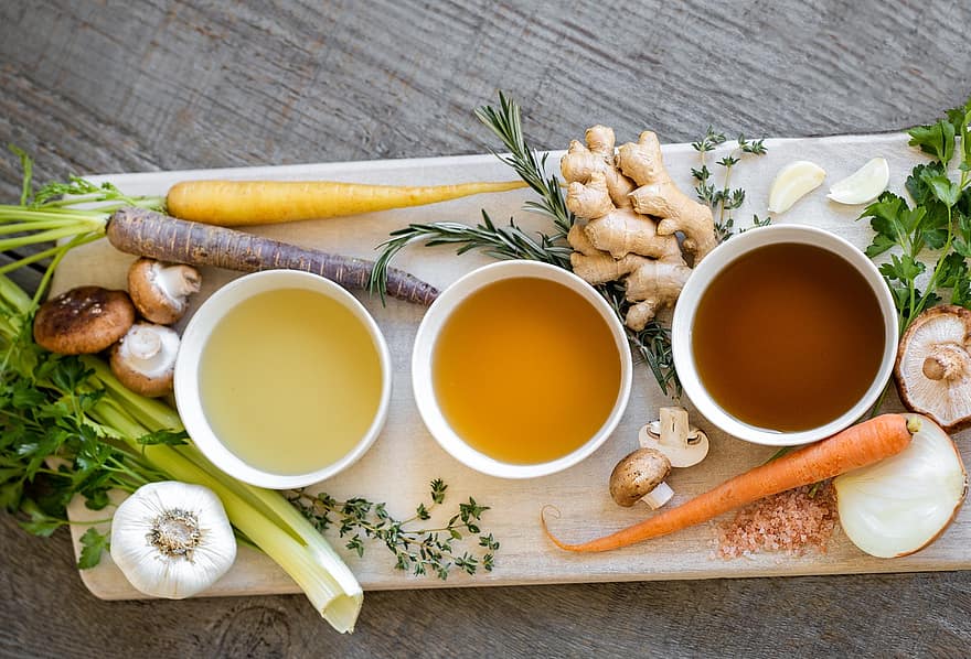 Broth, Soups, Vegetables, Bone Broth, Healthy, Cutting Board, Wooden Board, Ingredients, Bouillon, Consomme, Bowls