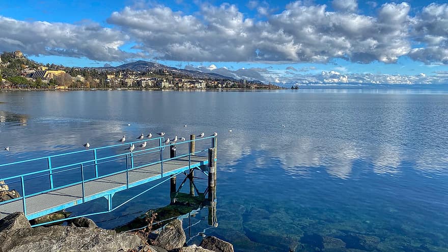 lac, pescăruş de mare, ponton, nor, reflecţie, apă, pauză, odihnă, Geneva, Montreux