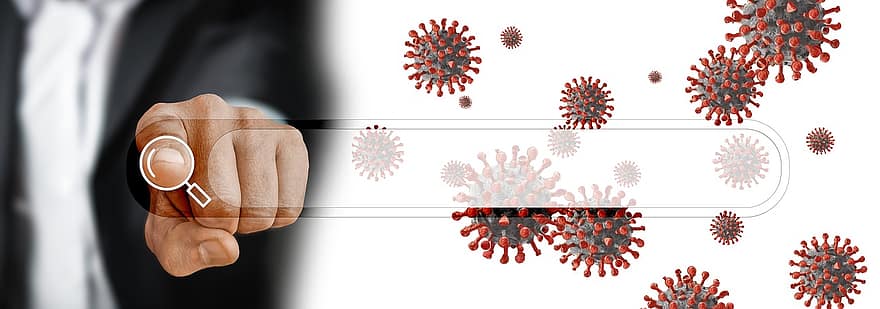 virusas, kornavirusas, covid-19, ranka, pirštu, nukreipta, paieškos juosta
