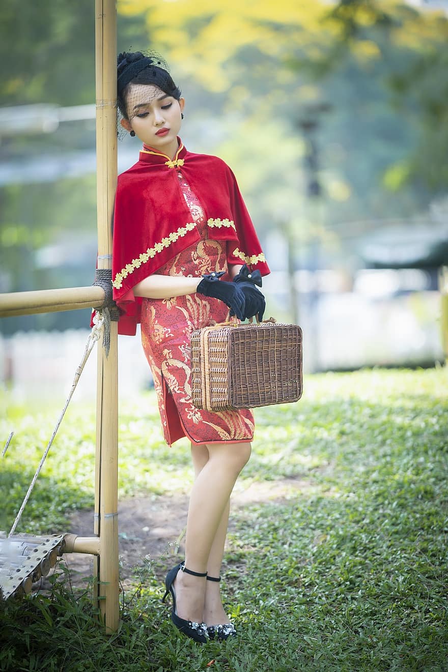 cheongsam, mote, kvinne, vietnamesisk, Rød Cheongsam, tradisjonell, bag, hansker, hodeplagg, stil, kjole