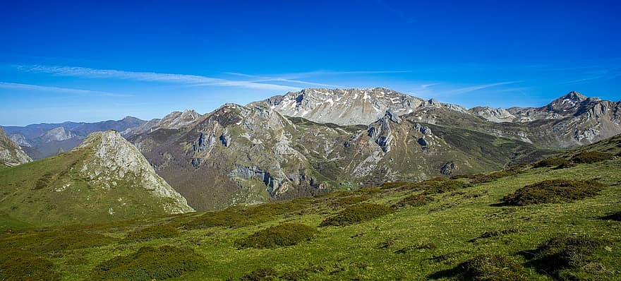 szczyt, góry, asturias, somiedo, pole, łąka, Zielony, śnieg, dolina, Natura, krajobraz