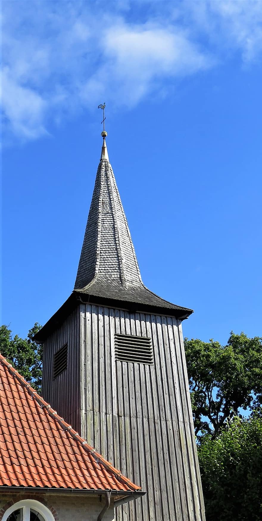 教会、木の鐘楼、建物、北ドイツ、建築、古い、歴史的な、観光、シファーキルヒェ