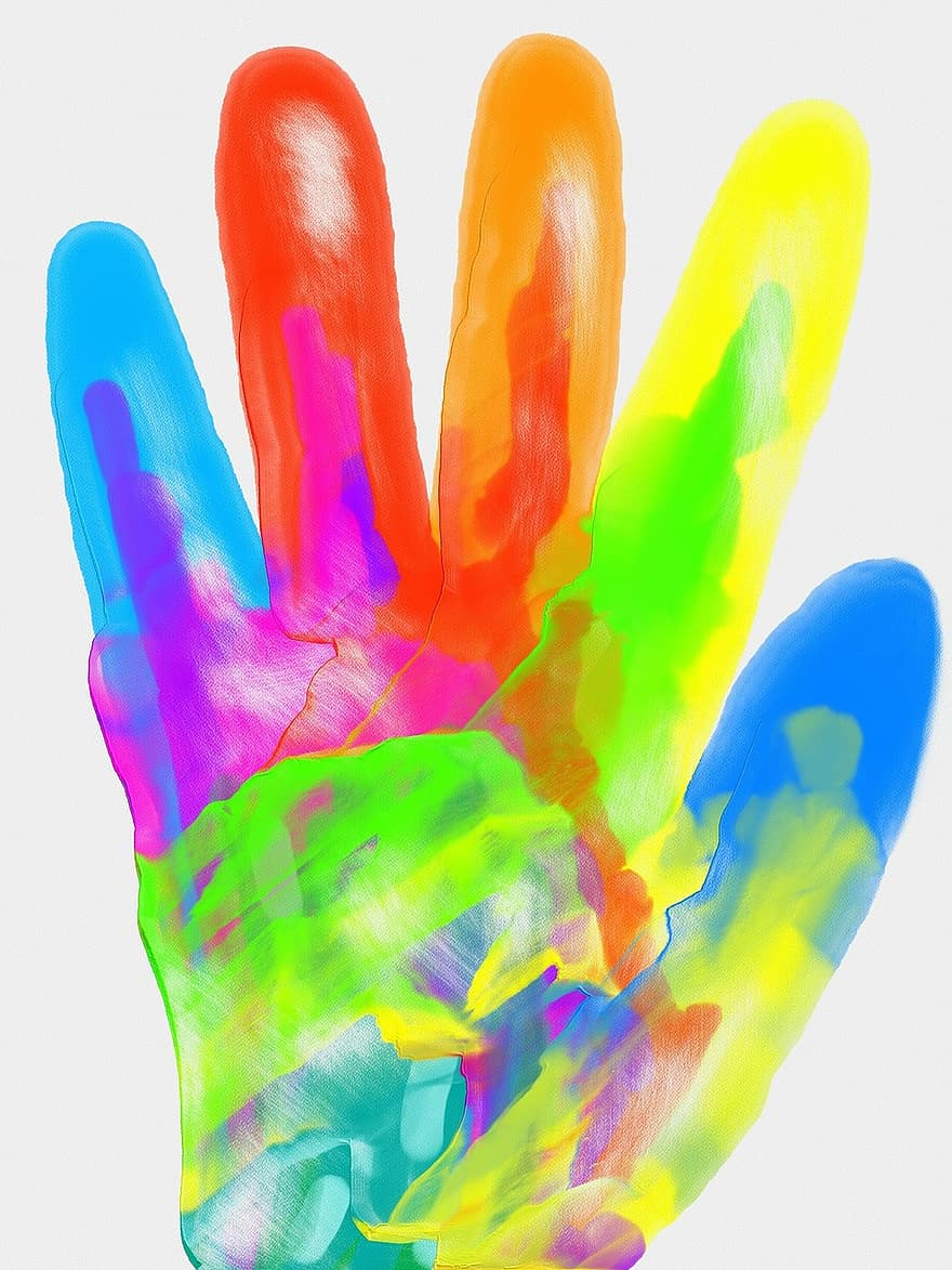 käsi, anatomia, käsin tulostaa, sormet, design, maali-, muste, abstrakti, tippuu, tippumisen, sekoitus