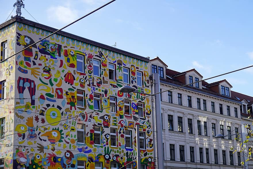 Leipzig, seni urban, Arsitektur, fasad, seni, eksterior bangunan, multi-warna, struktur yang dibangun, tempat terkenal, budaya, Cityscape