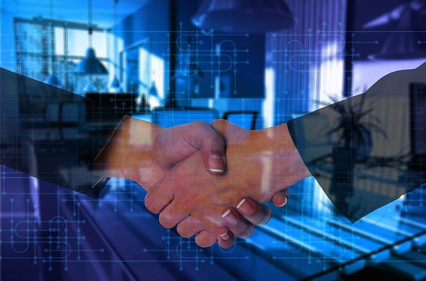 Business People, Handshake, Shaking Hands, Contract, Conclusion Of Contract, Network, Connection, Graphic, Diagram, Circuit Board, Trace