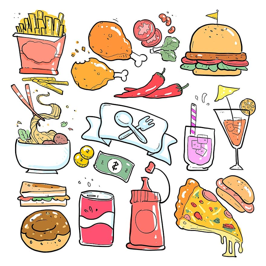 болван, эскиз, нарисованный от руки, мультфильм, питание, жареная курочка, напиток, пончик, лапшой, хот-дог, сэндвич