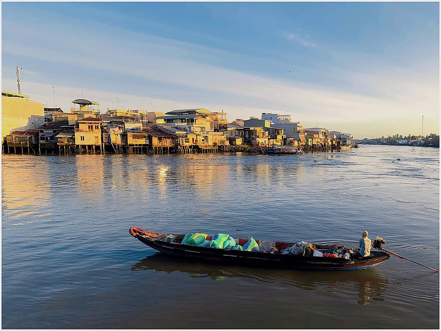 Boat, River, City, Vietnam, Transport, Houses, Urban, nautical vessel, water, summer, sunset