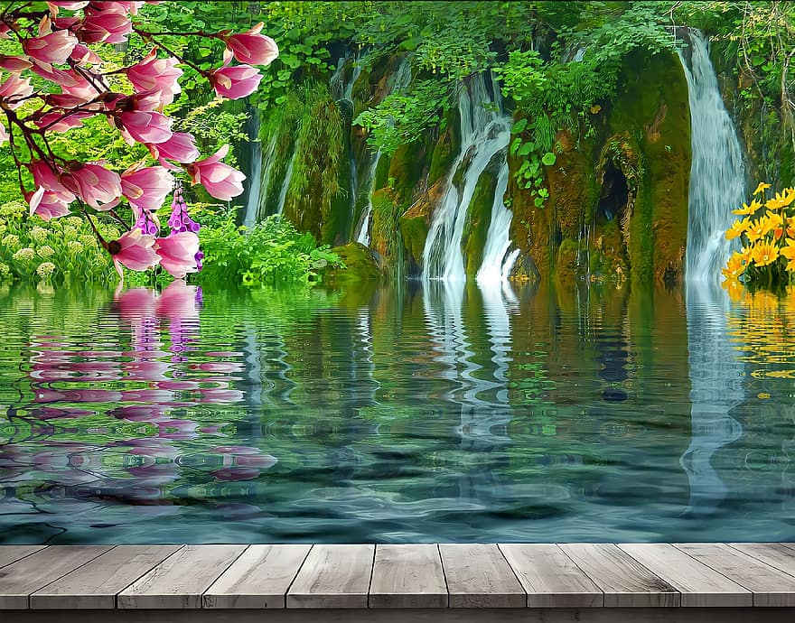 jezioro, wodospad, magnolie, drzewa, Natura, woda, lato, zielony kolor, liść, drzewo, staw