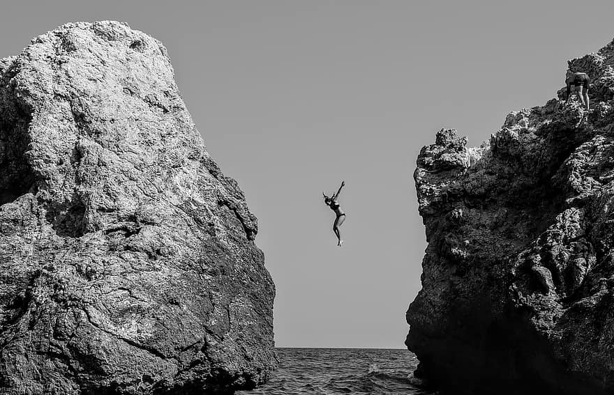 Diving, Jump, Rocks, Extreme Sport, Woman, Sea, Vacation, men, cliff, rock, success