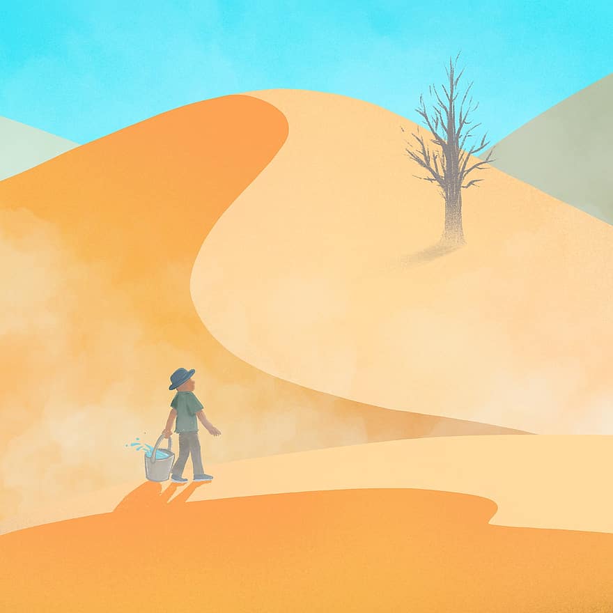 砂漠、おとこ、じょうろ、旅行者、さまよう、砂丘、サハラ、干ばつ、シュールな、想像力、夢