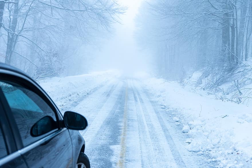 cotxe, carretera, boira, muntanya, neu, fred, naturalesa, temps, Grècia, núvols, hivern