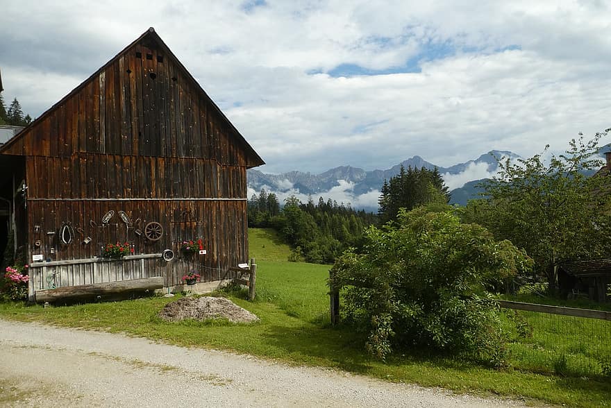 gård, austria, landskap, alpin panorama, natur, låve