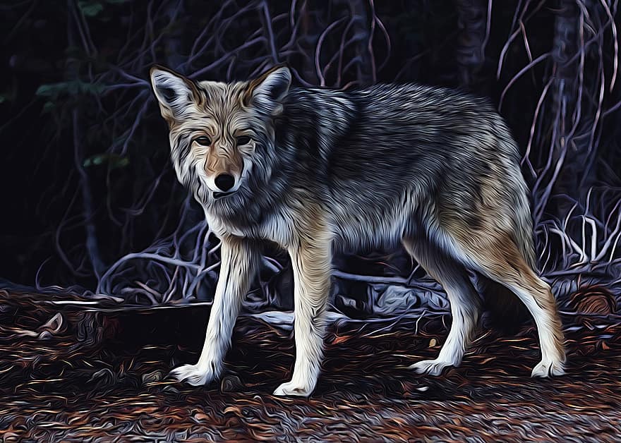 llop, caní, depredador, mamífer, criatura, vida salvatge, animal, naturalesa, pintura a l'oli