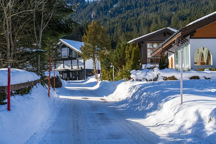kelias, kaimas, žiemą, sniegas, namų, Alpės, Miestas, brunni, schwyz kantonas, Šveicarija, pastatai