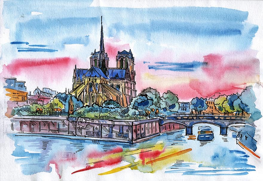 Paříž, skica, vodové barvy, obraz, fond, postava, květ, tvořivý, milovat, růžový, tyrkysový