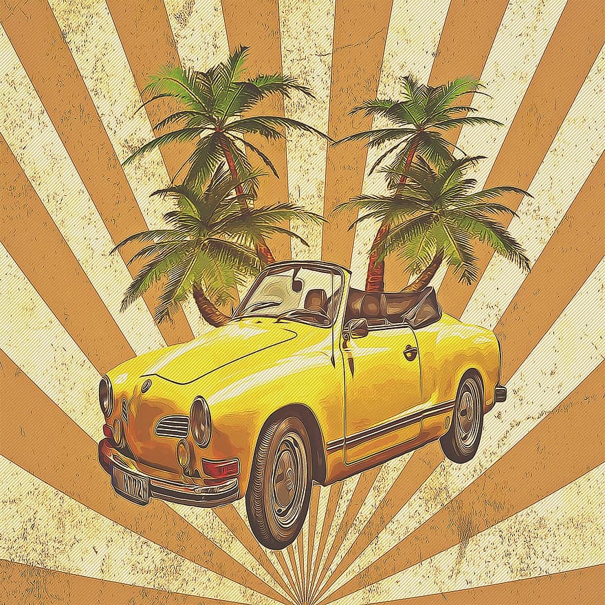 otomobil, Spor araba, araç, tatil, Palmiye ağaçları, arka fon, afiş, antika araba