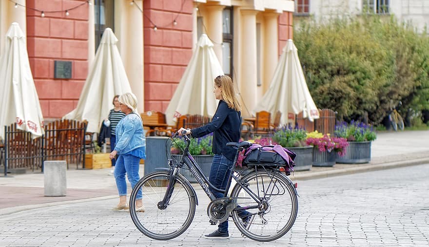 nő, kerékpár, utca, lány, szőke, bicikli, átkelés, út, szabadban, városi