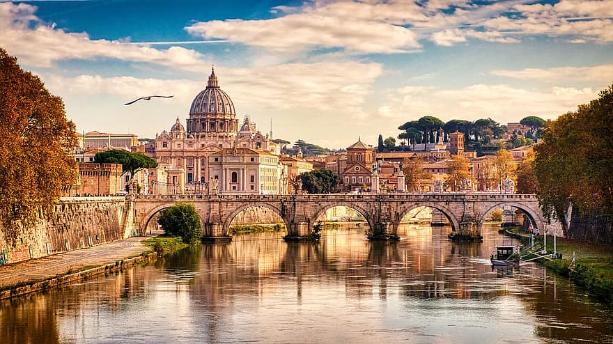 Vatican, Cathedral, River, Bridge, City, Sunset, Buildings, Church, Religion, Basilica, Dome