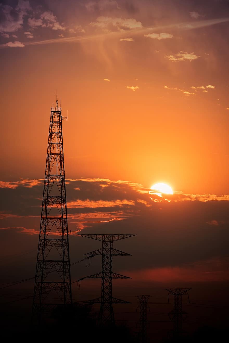 elektriciteit, energie, zonsopkomst, toren, radio-, telecom, antenne, telecommunicatieverbinding, zonsondergang, zon, brandstof en stroomopwekking