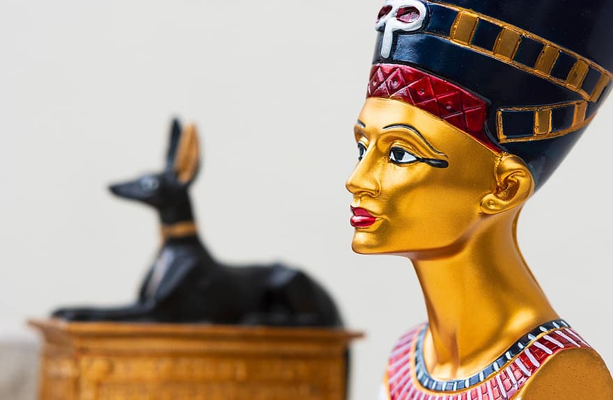 Egypte, statuette, antique, tête, profil, buste, reine, néfertiti, dorure, objet