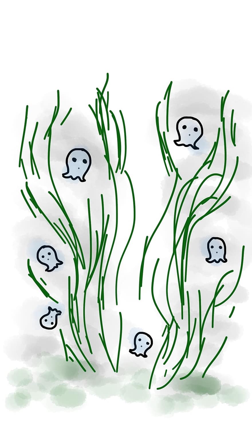 fantasma, herba, Halloween, misteri, flotant, foscor, por, verd, Petit Fantasma, fantasmal, esbós